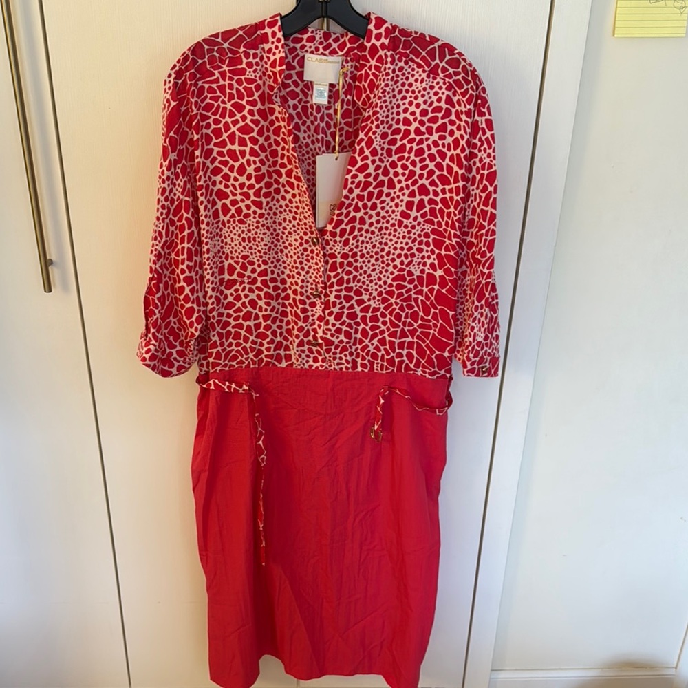 Class Roberto Cavalli Red and White Sundress with Plunge Neckline